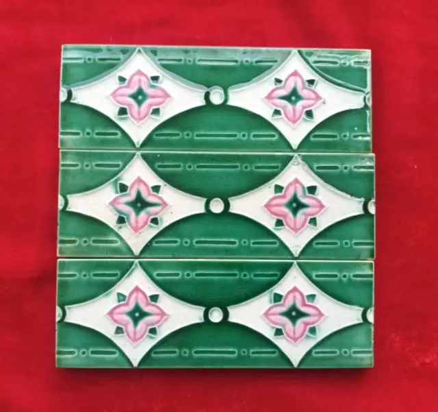3 Pieces Lot Art Deco Floral Design Embossed Majolica Ceramic Tiles Japan 0329