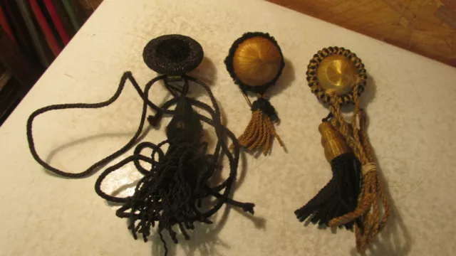 3 Antique Picture Molding Hooks Satin Rosettes & Tassels - Black & gold