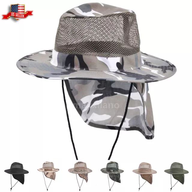 Cotton Boonie Hat for Men with Neck Cover Military Camo Hats Wide Brim Cool Mesh