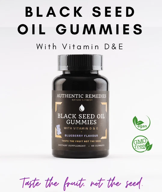 BLACK SEED OIL Gummies with Vitamin D & E Vegan Natural Blueberry