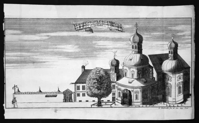 1735 Maria Hilf Klosterlechfeld Augsburg Lechfeld Ansicht Kupferstich Bodenehr
