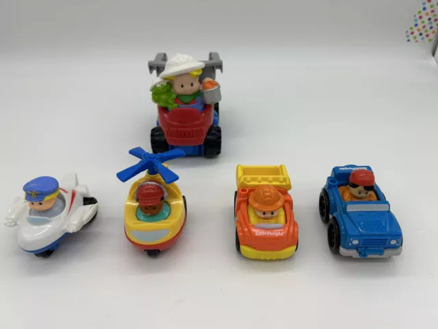 4 Fisher Price Little People-Wheelies Plane Helicopter Dump Truck Jeep+Tip Truck