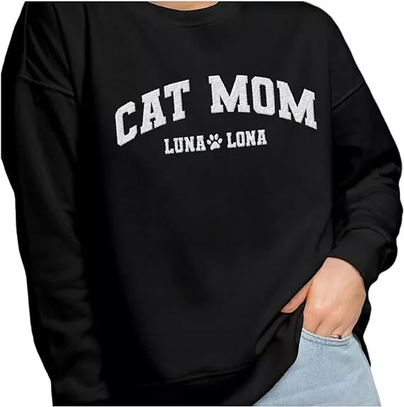 Custom Cat Mom Embroidered Sweatshirt, Personalized Cat Mom Crewneck Sweatshirt