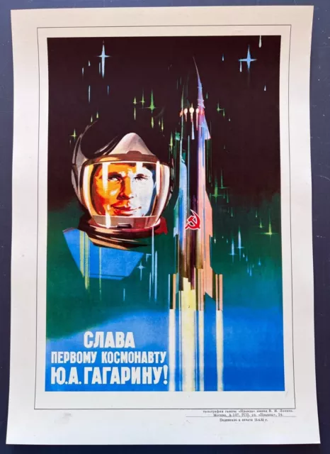 1963 Gagarin Rocket Cosmonaut Spazio Poster Originale Russo Sovietico 30x40 Raro