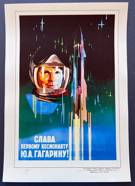 1963 Gagarin Rocket Cosmonaut Spazio Poster Originale Russo Sovietico 30x40 Raro