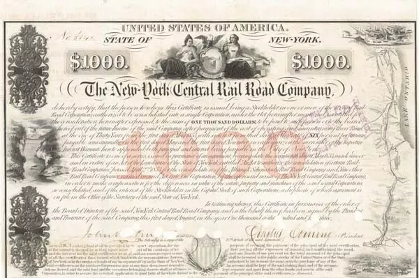 New York Central Railroad Co $1,000 Bond signed by Erastus Corning - Autograph -