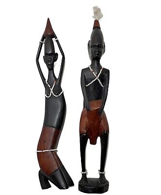 Pair Couple Hand Carved Wood African Art Man W/drum Woman Figurines Statue 12"
