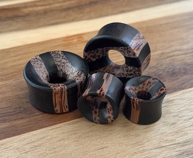 PAIR Coconut & Areng Wood Striped Tunnels Plugs Organic Gauges Body Jewelry