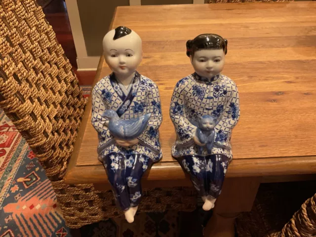 VTG Blue White Chinoiserie Porcelain Large BOY & GIRL Figural Shelf Sitters NWT!