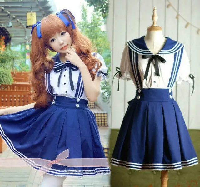 Japanese Lolita Girl Costume Dress Sailor Suit Uniforms Cosplay Anime Maid Dress