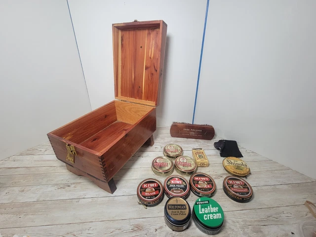 Vintage Hand Crafted Shoe Groomer Wooden Shoe Shine Box w/ 10 polish brush