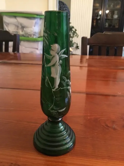 Victorian Bohemian Green Art Glass Mary Gregory Vase Fairy Pixie