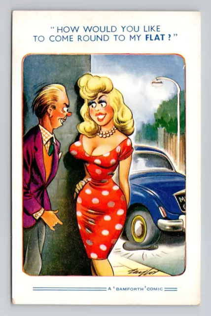 Postcard Bamforth Comic a/s Taylor Woman w/ Flat Tire, Antique D8