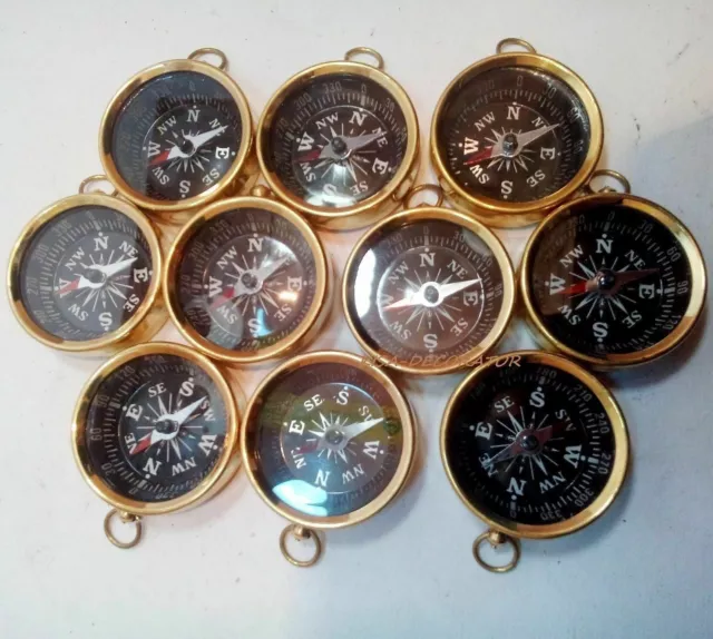 Set Of 10 Pcs Vintage Style Brass Pocket Compass Key Chains Maritime Nautical