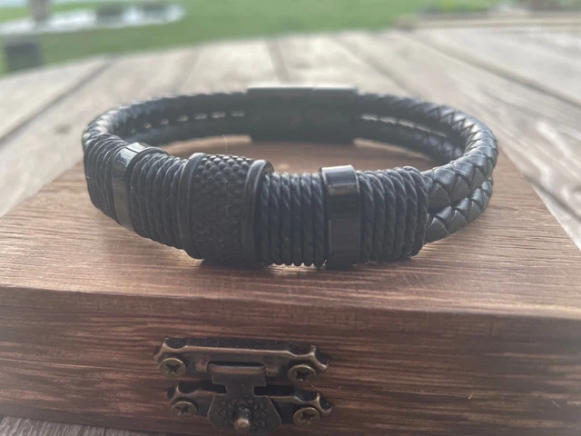 Bracelet En Cuir Noir Tressé Viking Ragnar - 13 Symboles - Avec Boîte Et Pochette - Neuf