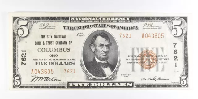 1929 $5 Columbus OH National Currency Note CH 7621 *0200