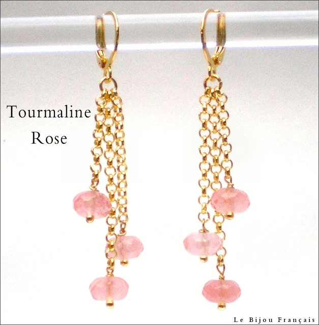 Boucles D'oreilles Pendantes Le Bijou Français - Tourmaline Rose, Plaqué Or 18K - Chaîne Jaseron - Neuf Avec étiquettes