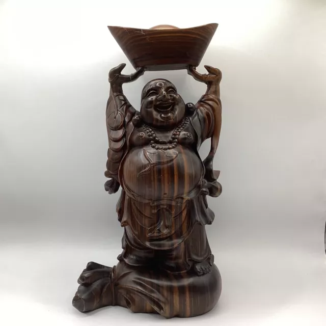 Laughing Buddha Carved Wooden Statue (C4) NS#8656