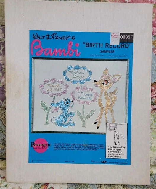VTG WALT DISNEY'S BAMBI Birth Record Sampler Cross Stitch Needlecraft W