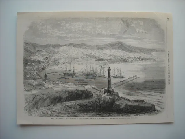 1859 Engraving. General View Of The Port And City Of Genes, During Landing