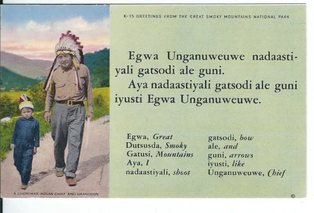 CH-023 NC, Cherokee, Cherokee Indian Language with Translation Chrome Postcard