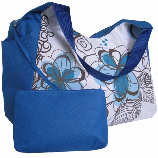 Large Beach Bag Blue Flowers with Side Pockets, big tote holiday huge shoulder