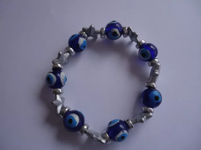 Blue Evil Eye Protection Charm Beads Bracelet with Silver Star Beads+ Pouch