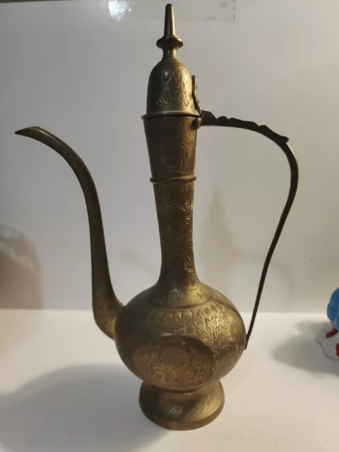 Vintage India Etched Brass Tea/Coffee/Oil Genie Pitcher/Pot