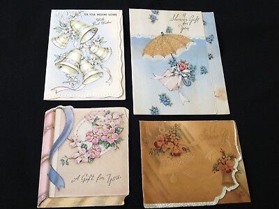 #103 Romantic Lot Of 4 Vintage 1940s Wedding Gift Enclosure Greeting Cards Bells
