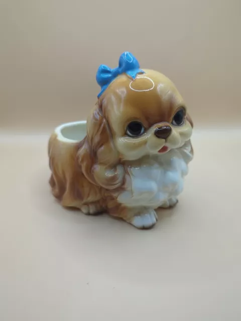 Vintage Napco Ceramic Pekingese / Cavalier King Charles / Spaniel Planter W/ Bow