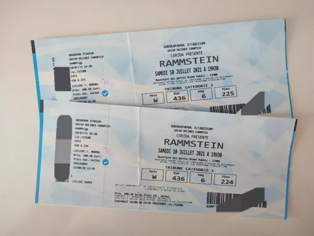 RAMMSTEIN Concert Lyon - 2 Places - 9 Juillet 2022