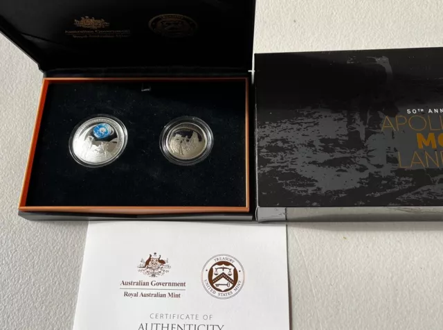 2019 Apollo 11 Moon Landing 2 Coin Silver Proof Set 50th Anniv Australia & USA: