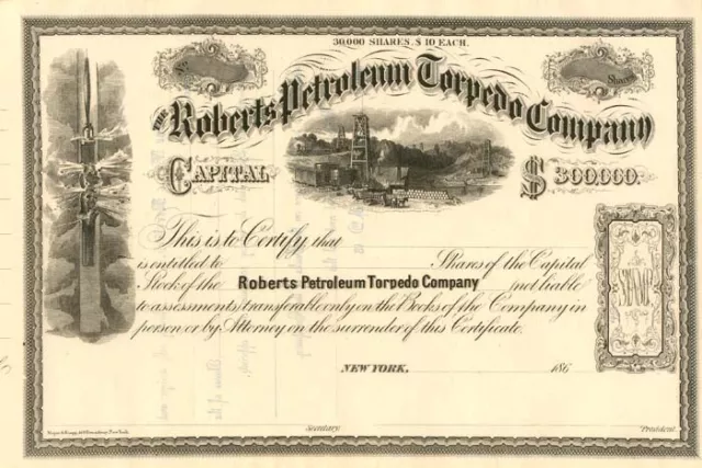 Roberts Petroleum Torpedo Co. - Unissued Only - Stock Certificate - Oil Stocks a