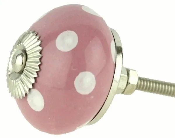 6 Mauve Pink Ceramic Cabinet Knobs Drawer Pulls Closet Door Handles w White Dots