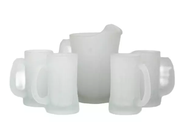 Tiara Indiana Glass Set of 4 Frosted Tankard Mugs & Pitcher Patio Beverage Set