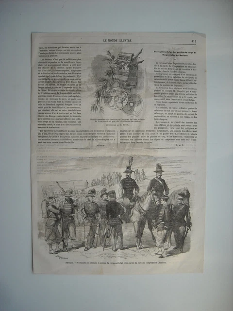 GRAVURE 1864. Mexique. COSTUMES OFFICIERS ET SOLDATS DU REGIMENT BELGE. CHINE...