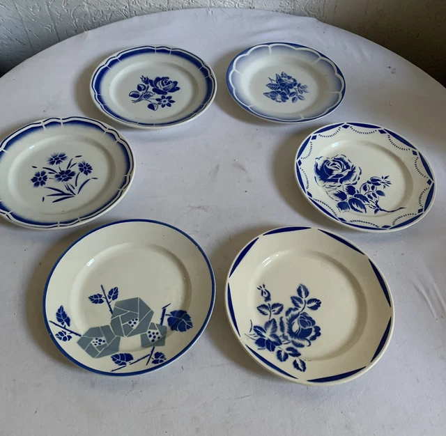 Lot De 6 Assiettes Plates Anciennes Onnaing Fushia, Motif Fleur, Terre De Fer - Occasion