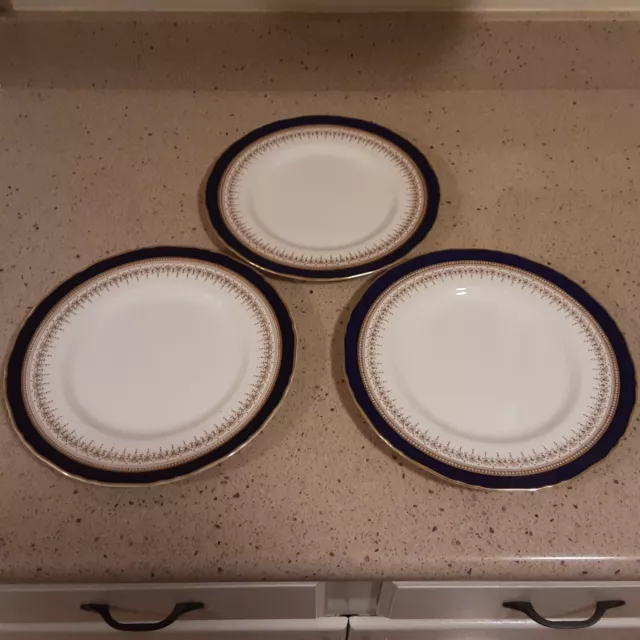 3~Royal Worcester Regency Blue Dinner Plates 10 7/8" Cobalt Blue Gold Rim