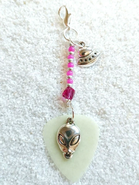 Alien Head UFO Crystal Beaded Guitar Pick Glow in the Dark Purse Dangle