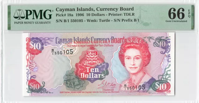 Cayman Islands 10 Dollars 1996 P-18a PMG 66 EPQ
