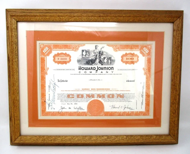 VINTAGE HOWARD JOHNSON Stock Certificate 100 Shares 1966 Framed Matted