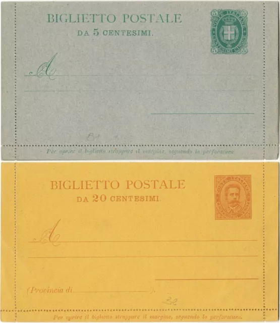 REGNO D'ITALIA B1 E B2 - 1889 DUE BIGLIETTI POSTALI 'BIGOLA' c. 5 E c. 20 NUOVI