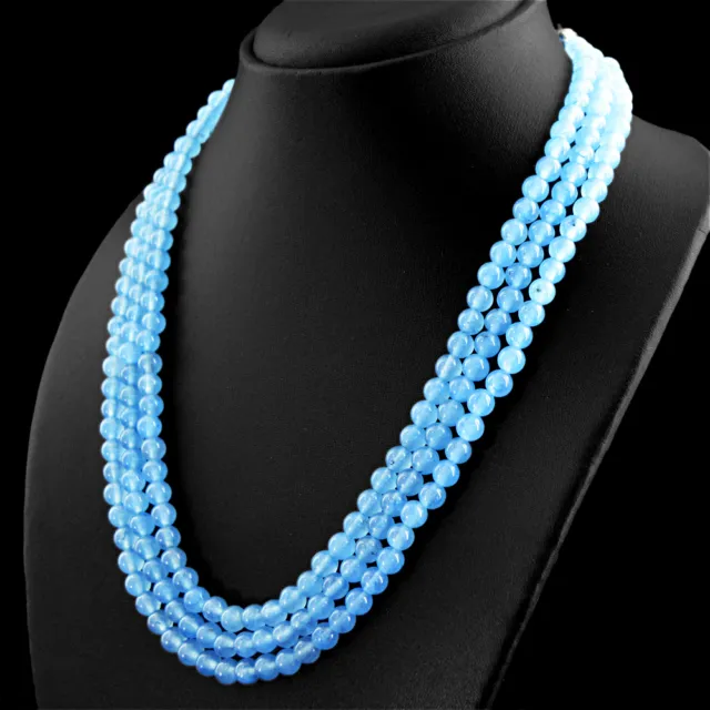 389.00 Cts Natural 3 Strand Blue Chalcedony Round Shape Beads Necklace (Dg)