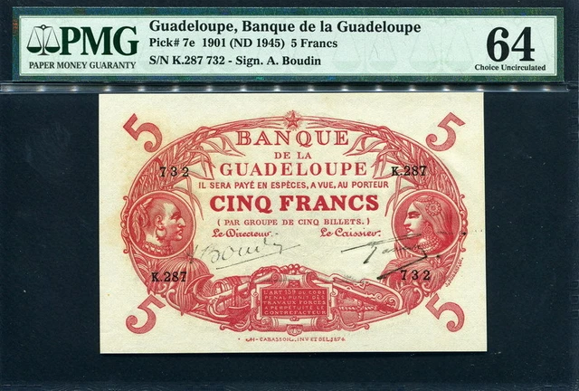 Guadeloupe 1901 (1945), 5 Francs, P7e, PMG 64 UNC