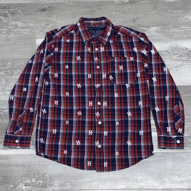 Tommy Hilfiger Shirt Youth M 12/14 Red Blue Button Up Long Sleeve All Over Logo