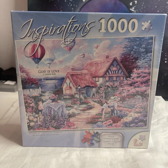 "Spring In Grandmas Garden" COMP. 1000pc Puzzle 20x27 Colorful Cottage Balloons