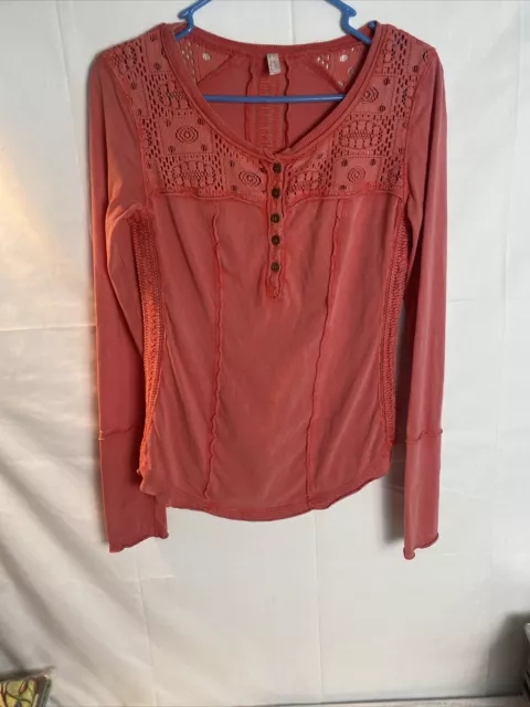 Free People Top Women's Crochet Lace Henley Long Sleeve Pullover Sz SP Coral