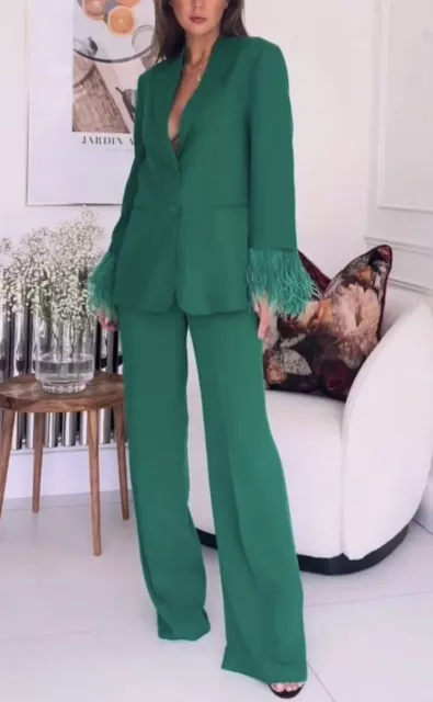 ZARA STRAIGHT BLAZER With Feathers Bottle Green Fw23 Sizes Xs Xxl