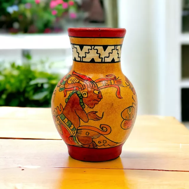 Aztec Mayan Ceremonial Terracotta Clay Vase Mexico Pottery 5" X 3.5" Vintage