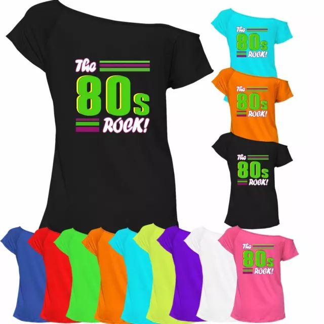 Ladies The 80s Rock T Shirt Top Off Shoulder Retro Party Outfit 6967Lot